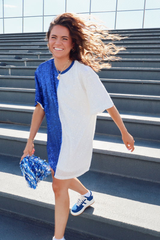 The Two-Minute Warning Sequin Dress in Royal and White